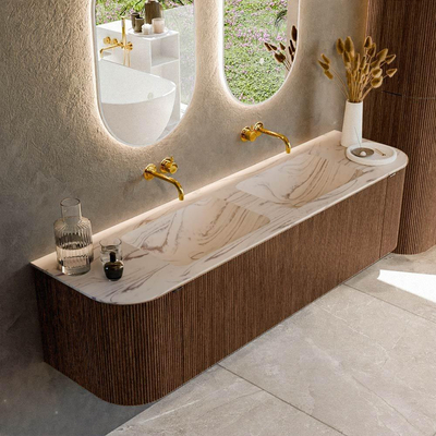 MONDIAZ KURVE-DLUX Meuble de salle de bains 170cm arrondi Gauche + Droite couleur Walnut avec 1 tiroir et 2 portes. Lavabo LEAF Double sans trou de robinet Nata.