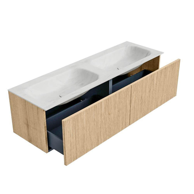 MONDIAZ KURVE-DLUX Meuble de salle de bains 150 cm couleur Oak avec 2 tiroirs. Lavabo STOR SMALL double sans trou de robinet couleur Opalo.
