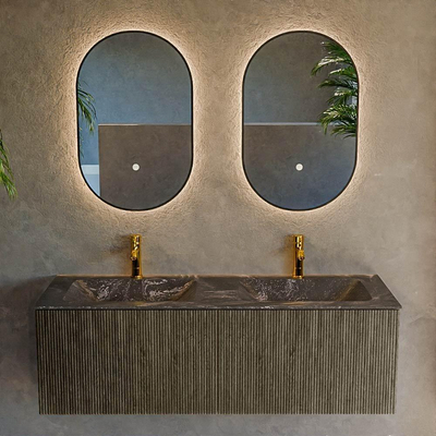 Mondiaz KURVE-DLUX Badkamermeubelset - 130x46x40cm - 2 lade - wastafel solid surface - dubbel - 2 kraangaten - Shadow