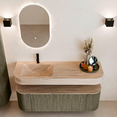 MONDIAZ THOR-DLUX 140cm meuble de salle de bains arrondi gauche + droite couleur Shadow avec 1 tiroir et 2 portes. Vasque suspendue CLOUD Gauche 1 trou de robinet couleur Saba.