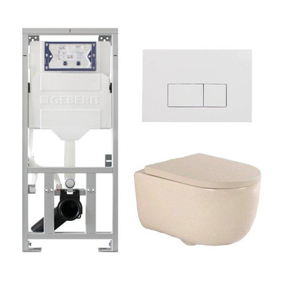 QeramiQ Dely Swirl Ensemble WC- 36.3x51.7cm - Réservoir encastré Geberit UP320 - Abattant de 35mm d'épaisseur - Plaque de commande blanche brillante - Boutons rectangulaires - Beige