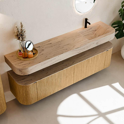 MONDIAZ THOR-DLUX 190cm badmeubel ronding links + rechts kleur Oak met 2 lades en 2 deuren. Vrijhangende wastafel CLOUD Rechts 1 kraangat kleur Arena.