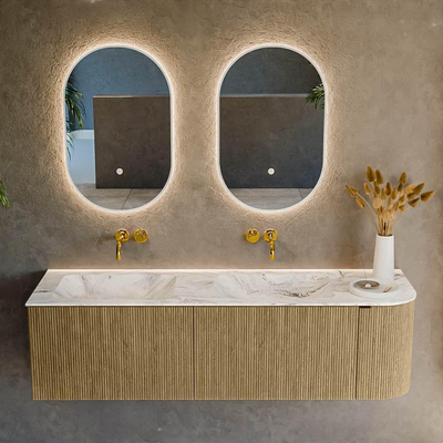 Ensemble de meuble de salle de bain Mondiaz KURVE-DLUX - 155x46x40cm - 2 tiroirs - 1 porte - lavabo en solid surface - double / gauche - sans trou de robinet - Dusk