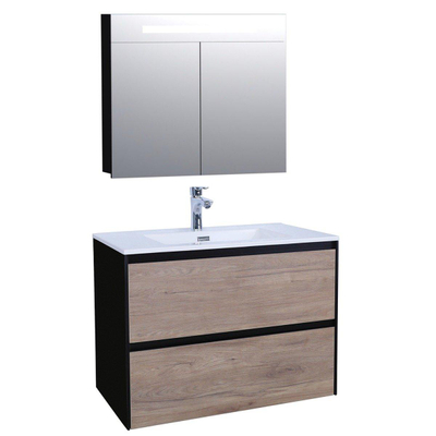 Adema Industrial Meuble salle de bains 80x45.5x58cm avec trop-plein et armoire de toilette bois/noir