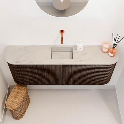 Mondiaz JOYA-DLUX 113.2cm meuble de toilette - arrondis gauche et droite couleur Noyer - Vasque FAYE position Milieu Sans trou de robinet couleur Opalo.