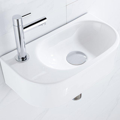 Fugaflow Efficiente Pietra Fonteinset - 40x21.5x12cm - links - glad - halfrond - 1 kraangat - keramiek - fonteinkraan chroom - afvoerplug - verlaagd sifon - wit glans
