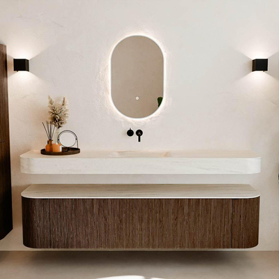 MONDIAZ THOR-DLUX 190cm badmeubel ronding links + rechts kleur Walnut met 2 lades en 2 deuren. Vrijhangende wastafel CLOUD Midden zonder kraangat kleur Meli.