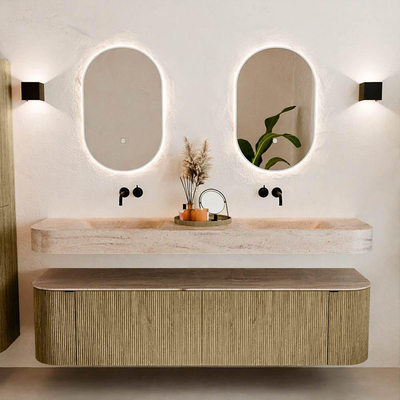 MONDIAZ THOR-DLUX 180cm meuble de salle de bains arrondi gauche + droite couleur Dusk avec 2 tiroirs et 2 portes. Vasque suspendue CLOUD Double sans trou de robinet couleur Saba.