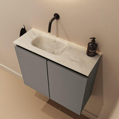 MONDIAZ TURE-DLUX Meuble toilette - 60cm - Smoke - EDEN - vasque Ostra - position gauche - sans trou de robinet