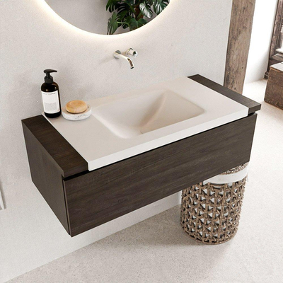Mondiaz BUKLA Badkamermeubelset - 100x45x34cm - 0 kraangaten - wasbak midden - solid surface - Talc - greeploos - 1 lade - Melamine - Dark brown