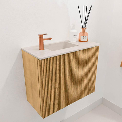 Mondiaz JOYA-DLUX 50cm toiletmeubel - kleur Oak - Wastafel FAYE positie Links 1 kraangat kleur Meli.