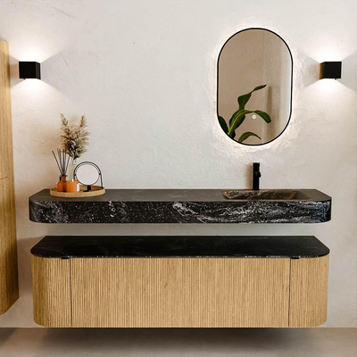 MONDIAZ THOR-DLUX 170cm meuble de salle de bains arrondi gauche + droite couleur Oak avec 1 tiroir et 2 portes. Vasque suspendue CLOUD Droite 1 trou de robinet couleur Lava.