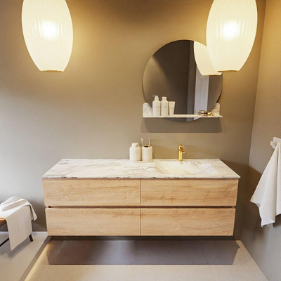 Mondiaz VICA-DLUX ensemble de meuble de salle de bain - 150cm - meuble sous-vasque chêne blanchi - 4 tiroirs - lavabo encastré cloud droite - 1 trou de robinet - version haute de 60cm - glace