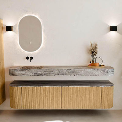 MONDIAZ THOR-DLUX Meuble de salle de bains 190cm arrondi gauche + droite couleur Oak avec 2 tiroirs et 2 portes. Vasque suspendue CLOUD Gauche sans trou de robinet couleur Oza.