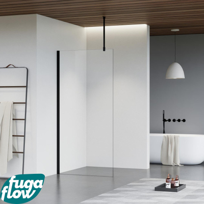 FugaFlow Eccelente Vetro douche à l'italienne salle de bain - 140x200cm - verre clair - bras plafond - noir mat
