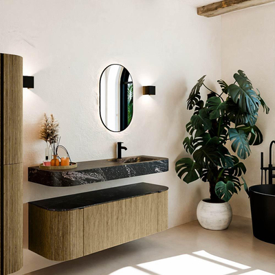 MONDIAZ THOR-DLUX 140cm meuble de salle de bains arrondi gauche + droite couleur Dusk avec 1 tiroir et 2 portes. Vasque suspendue CLOUD Droite 1 trou de robinet couleur Lava.