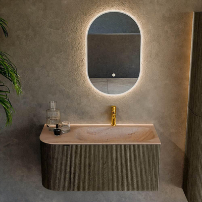 MONDIAZ KURVE-DLUX Meuble de salle de bains 95cm arrondi à gauche couleur Shadow avec 1 tiroir et 1 porte. Lavabo BIG SMALL à droite 1 trou de robinet Saba.
