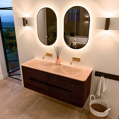 Mondiaz CIRO-DLUX Ensemble de meubles de salle de bains - 130x45x50cm - Plan-vasque en solid surface Saba - 2 vasques Double - sans trous de robinet - 4 tiroirs - Noyer