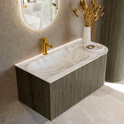 Mondiaz KURVE-DLUX Badkamermeubelset - 95x46x40cm - 1 lade - 1 deur - wastafel solid surface - links - 1 kraangat - Shadow