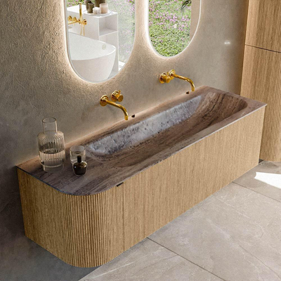 MONDIAZ KURVE-DLUX Meuble de salle de bains 145cm arrondi à gauche couleur Oak avec 1 tiroir et 1 porte. Plan vasque BIG LARGE à droite sans trou de robinet Oza.