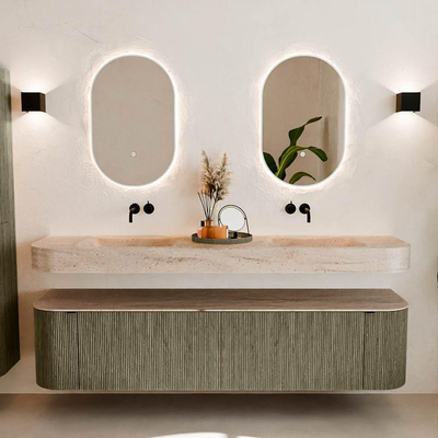 MONDIAZ THOR-DLUX Meuble de salle de bains 190cm arrondi gauche + droite couleur Shadow avec 2 tiroirs et 2 portes. Vasque suspendue CLOUD Double sans trou de robinet couleur Saba.