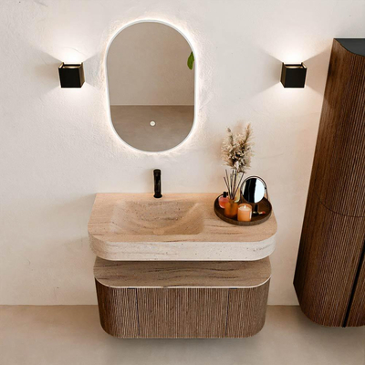 MONDIAZ THOR-DLUX Meuble de salle de bains - 100cm - arrondi gauche + droite - couleur Walnut - 1 tiroir et 2 portes - Vasque suspendue CLOUD Gauche 1 trou de robinet - couleur Saba