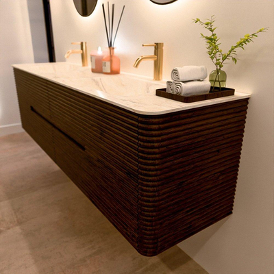 Mondiaz CIRO-DLUX Badkamermeubelset - 180x45x50cm - Solid surface wastafel Ostra - 2 wasbak Dubbel - 2 kraangaten - 4 lades - Walnut