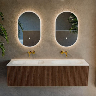 MONDIAZ KURVE-DLUX 150cm badmeubel kleur Walnut met 2 lades. Wastafel STOR SMALL dubbel zonder kraangat kleur Opalo.