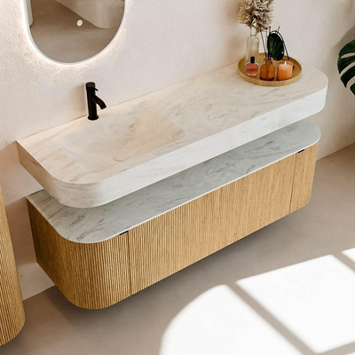 MONDIAZ THOR-DLUX 150cm badmeubel ronding links + rechts kleur Oak met 1 lade en 2 deuren. Vrijhangende wastafel CLOUD Links 1 kraangat kleur Opalo.