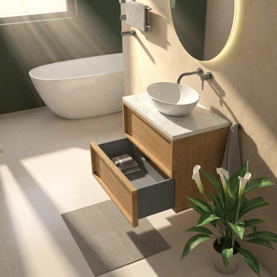 Saniclass Holz Frame Ensemble meuble de salle de bains - 80x45x63cm - Plan de lavabo en marbre Dia poli (blanc) - sans trou de robinetterie - 2 tiroirs - chêne natural mat (bois)