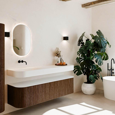 MONDIAZ THOR Meuble de salle de bains 170cm arrondi gauche + droite couleur Walnut avec 1 tiroir et 2 portes. Vasque suspendue CLOUD Gauche sans trou de robinet couleur Talc.