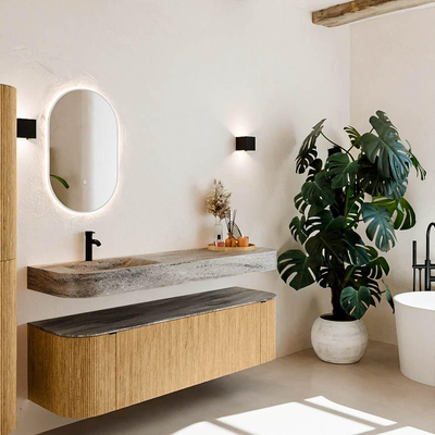 MONDIAZ THOR-DLUX Meuble de salle de bains 160cm arrondi gauche + droite couleur Chêne avec 1 tiroir et 2 portes. Vasque suspendue CLOUD Gauche 1 trou de robinet couleur Oza.