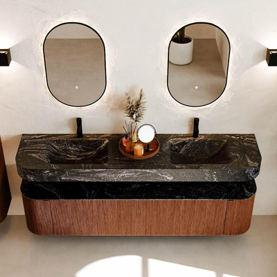 MONDIAZ THOR-DLUX 190cm meuble de salle de bains arrondi gauche + droite couleur Ruby avec 2 tiroirs et 2 portes. Vasque suspendue CLOUD Double 2 trous de robinet couleur Lava.