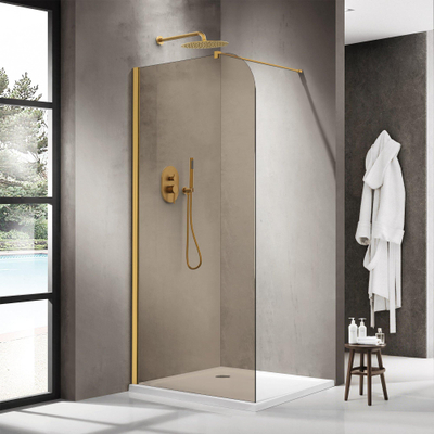 FugaFlow Eccelente Vetro Inloopdouche - 120x200cm - afgeronde glaswand - rook glas - wandarm - geborsteld messing PVD (Goud)