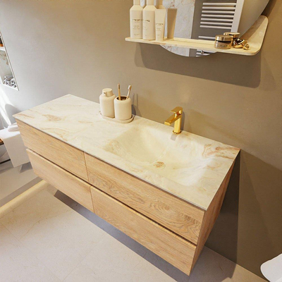 Mondiaz VICA-DLUX ensemble de meuble de salle de bain - 130cm - meuble sous-vasque chêne blanchi - 4 tiroirs - lavabo encastré cloud droite - 1 trou de robinet - version haute de 60cm - frape