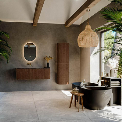 MONDIAZ KURVE-DLUX Meuble de salle de bains 125 cm avec module 25 R couleur Walnut avec 1 tiroir et 1 porte. Lavabo BIG MEDIUM gauche sans trou de robinet couleur Lava.