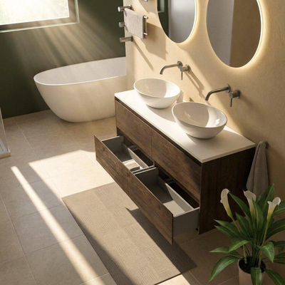 Saniclass Holz Pure Ensemble meuble de salle de bains - 140x45x62.5cm - plan de toilette Torino en solid surface blanc - sans trou de robinet - 4 tiroirs - chêne charcoal mat (bois)