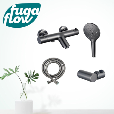 FugaFlow Eccelente Sobrado Badkamer Thermostatische badkraan met ronde handdouche, handdouchehouder en metalen doucheslang Gunmetal PVD