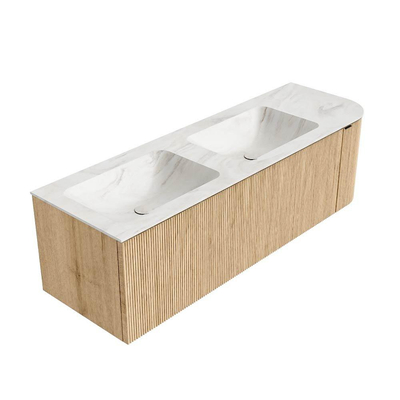 MONDIAZ KURVE-DLUX 145cm badmeubel met module 25 R kleur Oak met 1 lade en 1 deur. Wastafel LEAF dubbel / links 2 kraangaten kleur Ostra.