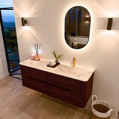 Mondiaz CIRO-DLUX Badkamermeubelset - 140x45x50cm - Solid surface wastafel Frappe - 1 wasbak Rechts - 1 kraangat - 4 lades - Ruby