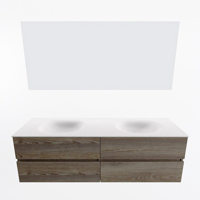 Mondiaz Vica ensemble de meuble de salle de bain - 160cm - meuble sous-vasque marron foncé gris - 4 tiroirs - lavabo lune double - sans trous de robinet - couleur talc - miroir LED - version XL 60cm de haut