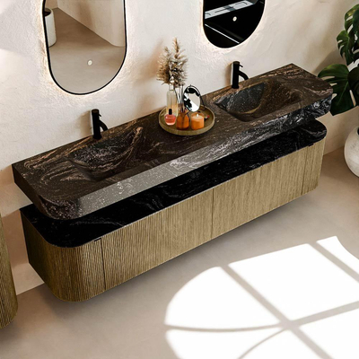 MONDIAZ THOR-DLUX Meuble de salle de bains - 200cm - arrondi gauche + droite - couleur Dusk - 2 tiroirs et 2 portes - Vasque suspendue CLOUD Double 2 trous de robinet - couleur Lava