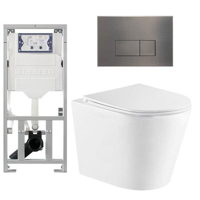 QeramiQ Dely Pack WC cuvette sans bride 36.3x51.7cm avec bâti-support Geberit UP320 abattant WC blanc mat frein de chute et plaque de commande Gun metal boutons Rectangulaires