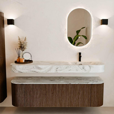 MONDIAZ THOR-DLUX 160cm badmeubel ronding links + rechts kleur Walnut met 1 lade en 2 deuren. Vrijhangende wastafel CLOUD Rechts 1 kraangat kleur Glace.