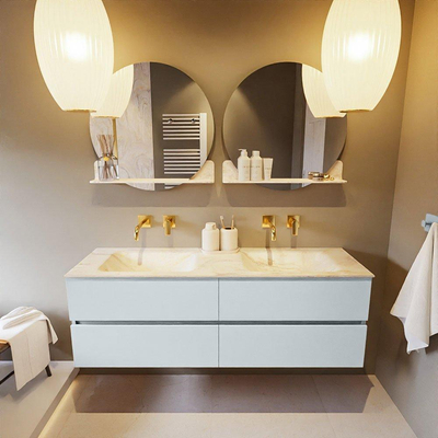 Mondiaz VICA-DLUX ensemble de meuble de salle de bain - 150cm - meuble sous-vasque argile - 4 tiroirs - lavabo encastré nuage double - sans trous de robinet - version haute de 60cm - ostra