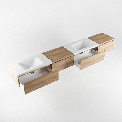 MONDIAZ BUKLA 280cm ensemble de meuble avec module 60 gauche couleur Chêne blanchi avec 4 tiroirs. Lavabo CLOUD double 0 trou de robinet couleur Talc.