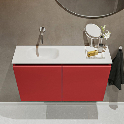 MONDIAZ TURE Toiletmeubel 80x23x50cm met 0 kraangaten 2 deuren fire mat Wastafel Eden links Solid Surface Wit