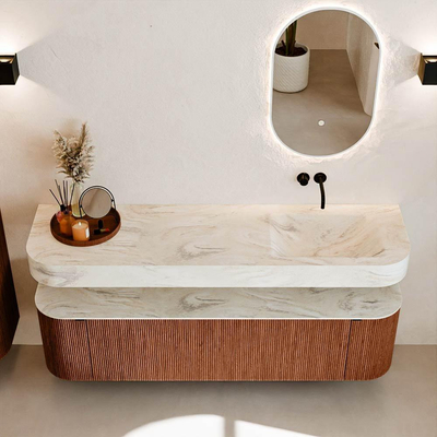 MONDIAZ THOR-DLUX 170cm meuble de salle de bains arrondi gauche + droite couleur Ruby avec 1 tiroir et 2 portes. Vasque suspendue CLOUD droite sans trou de robinet couleur Ostra.