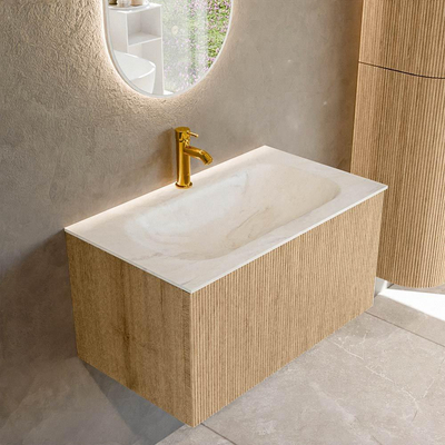 MONDIAZ KURVE-DLUX 80cm badmeubel kleur Oak met 1 lade. Wastafel BIG SMALL midden 1 kraangat kleur Ostra.