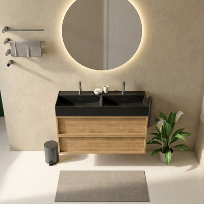 Saniclass Holz Frame Ensemble de meuble de salle de bains - 120x45x72cm - lavabo Legend en céramique noir mat - 2 vasques - 2 trous de robinet - 2 tiroirs - chêne natural mat (bois)
